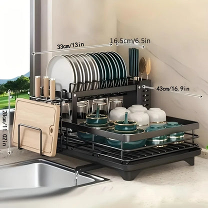 Double-Tier Extendable Dish Drainer – Large Capacity Utensil Rack & Draining Board for Kitchen Countertops