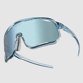 Clear safety goggles with reflective lenses on a light gray background