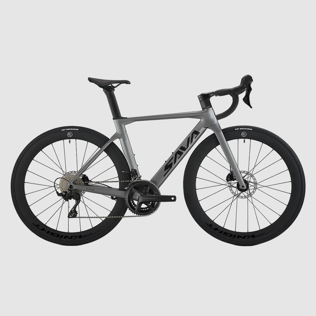 Gray bicycle with black components on a white background