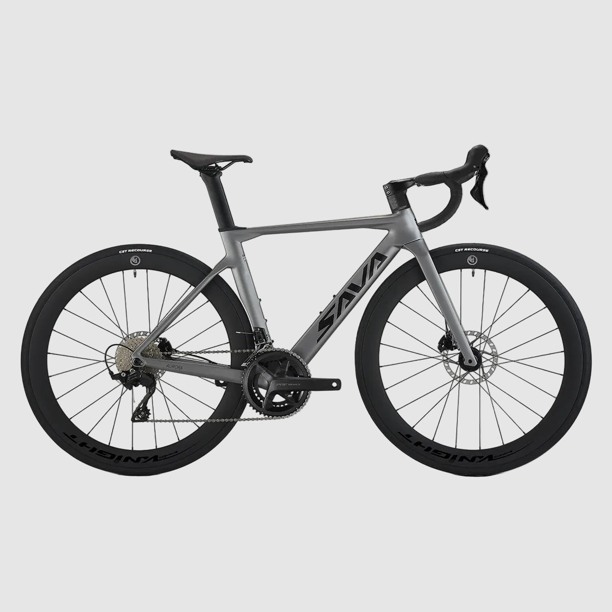 Gray bicycle with black components on a white background