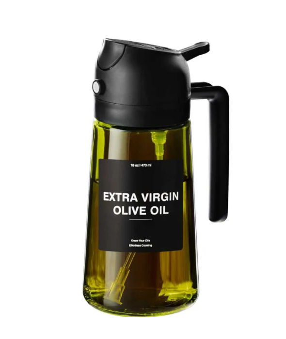 2-in-1 Olive Oil Dispenser & Sprayer – 16oz Glass Oil Bottle with Spray & Pour Function, Dark Green