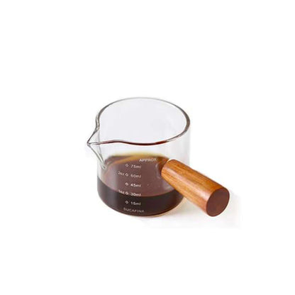 Glass Measuring Cup with Wood Handle – Double-Spout Heat-Resistant Espresso & Milk Measuring Mug