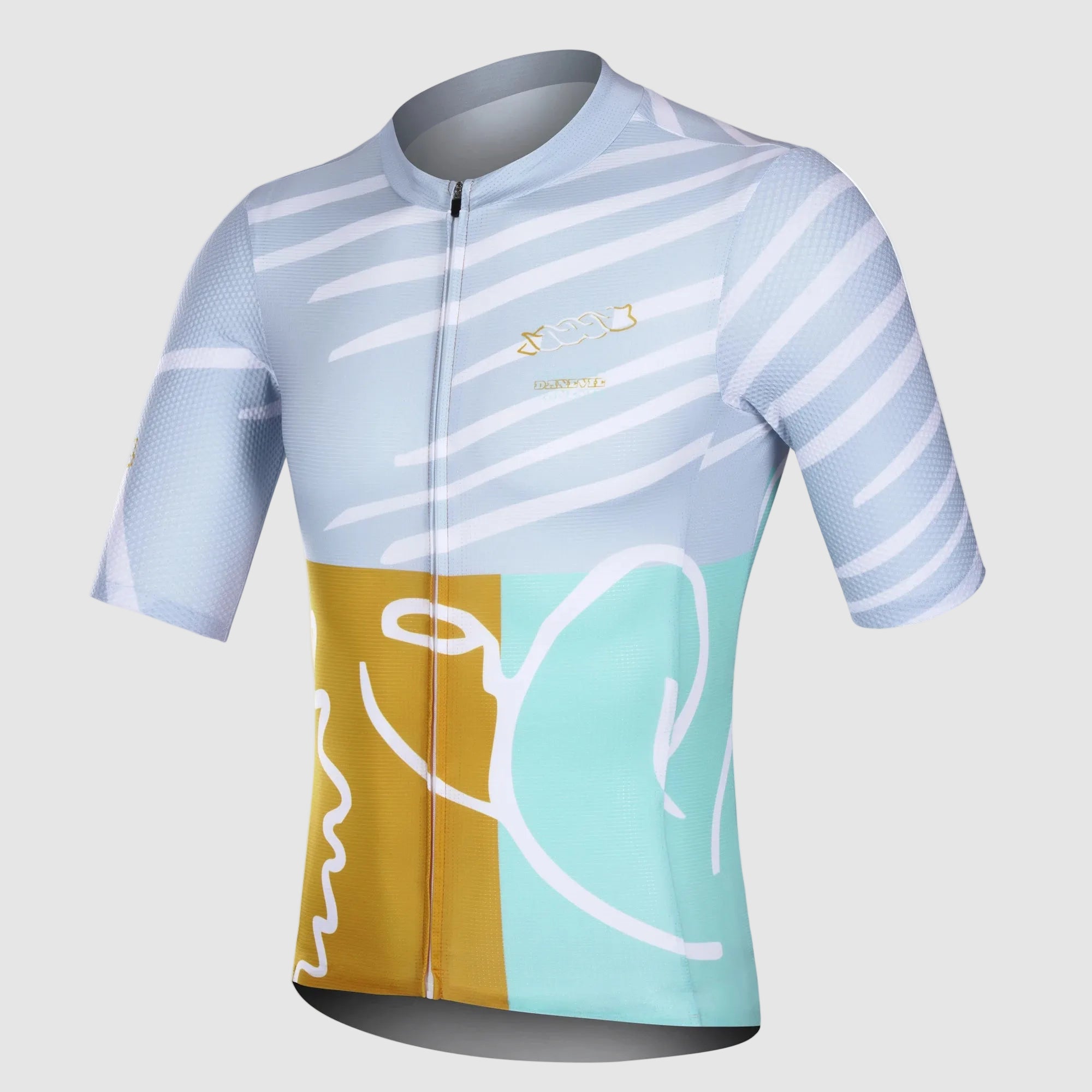 Cycling jersey with colorful design on a white background, featuring the Darevie brand.