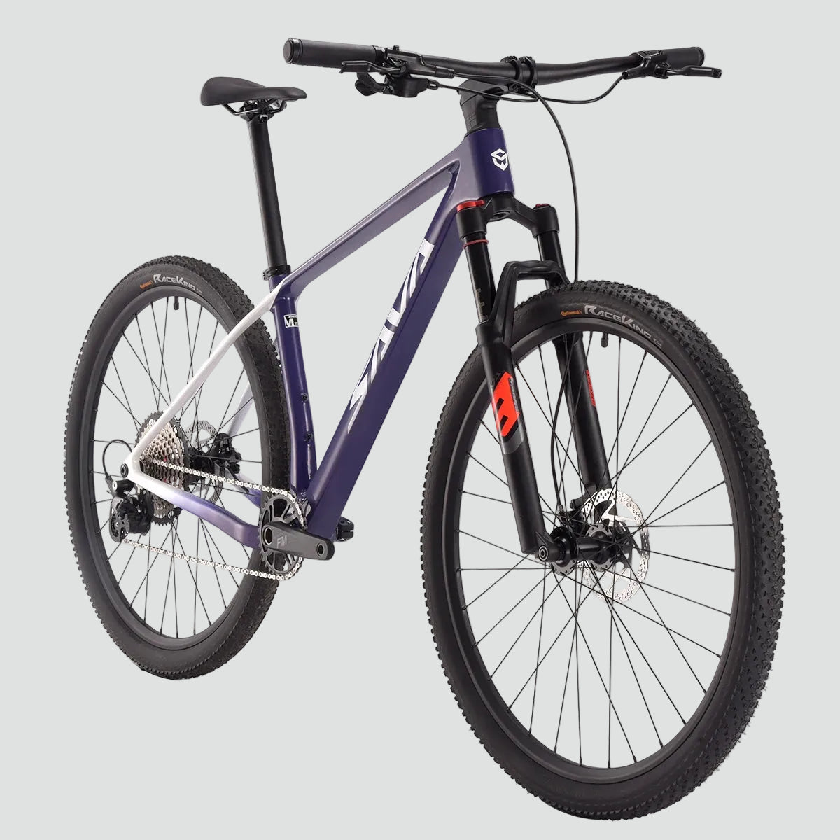 Mountain bike with a purple frame on a light gray background
