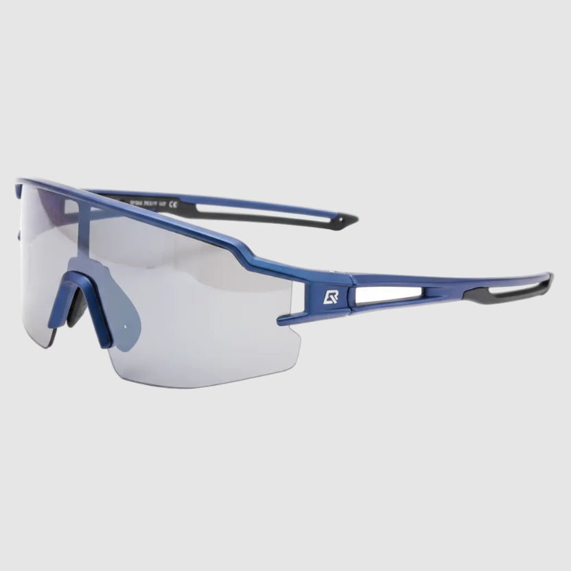 Blue sunglasses with additional accessories on a gray background