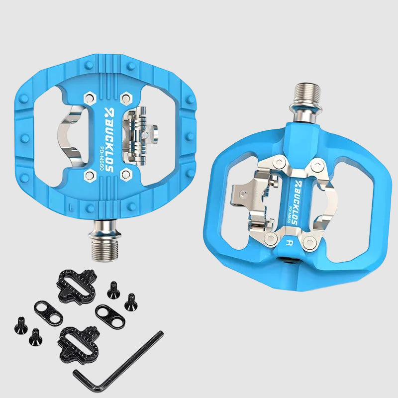 Blue bicycle pedals with hardware on a white background, featuring the Bucklos brand.