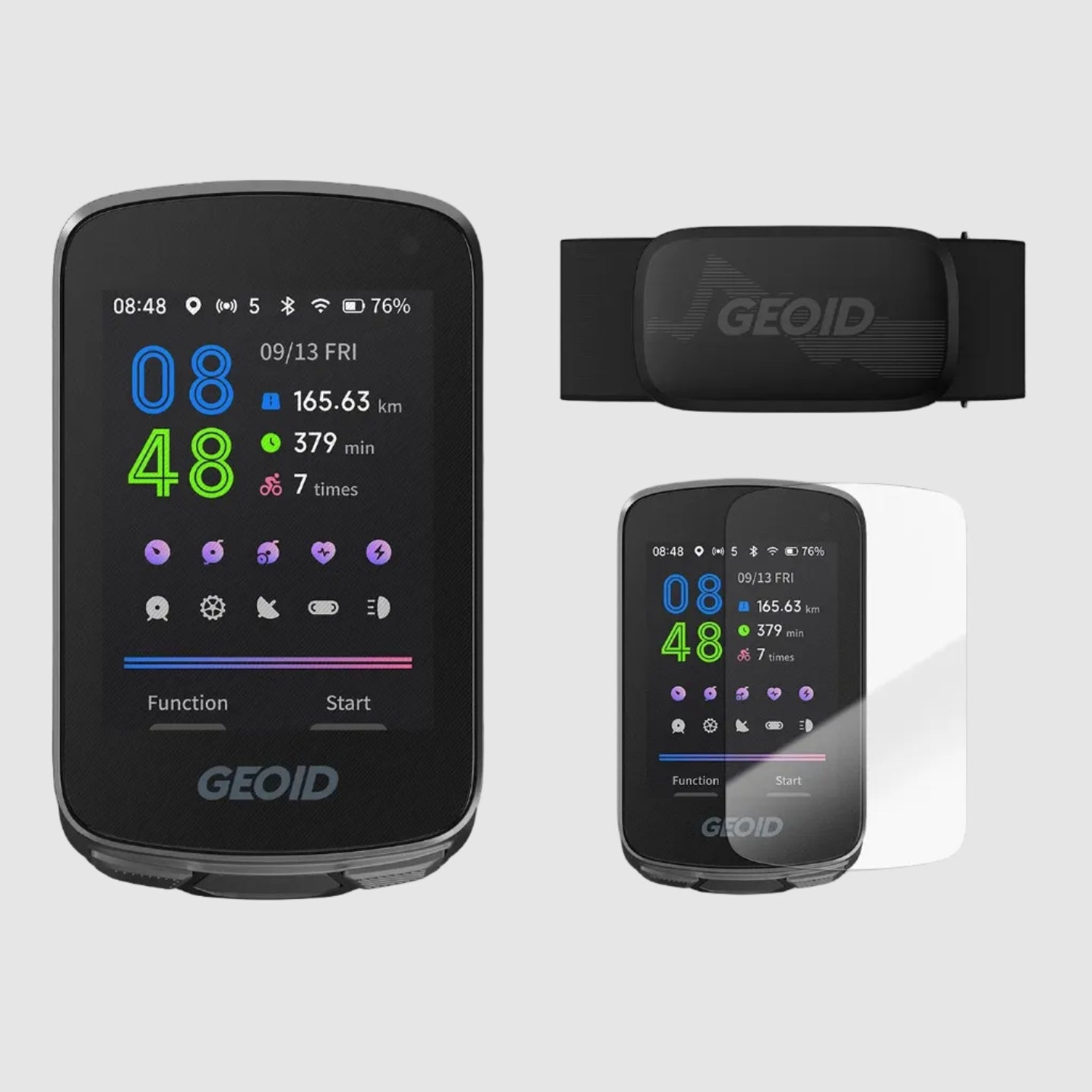 GEOID CC700 computer, HS500 heart rate sensor, and protective film on a white background