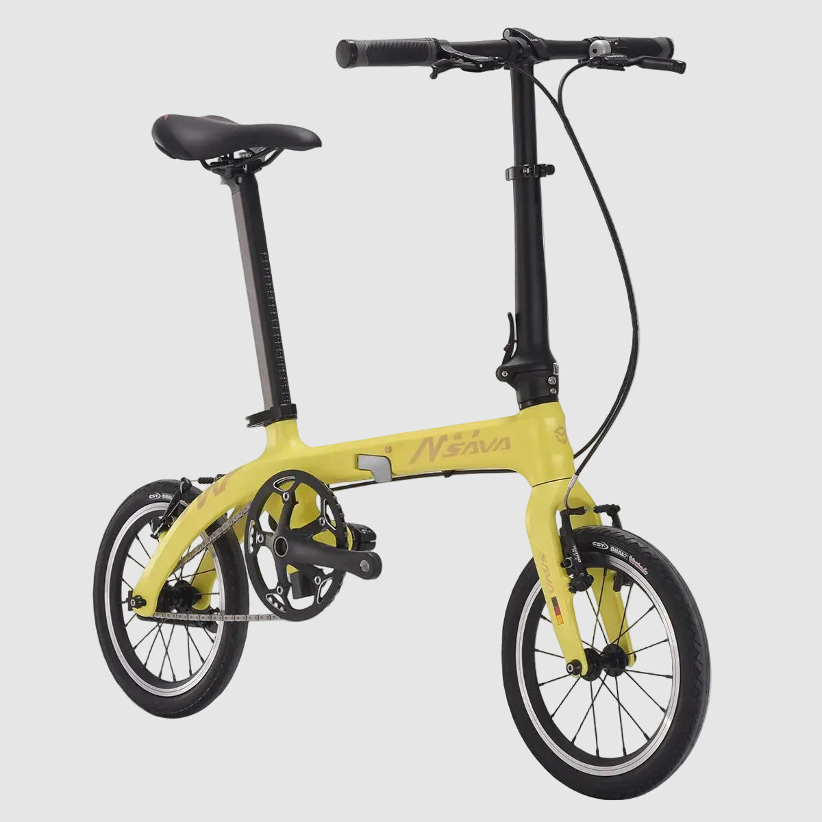 Yellow folding bicycle with black components on a white background