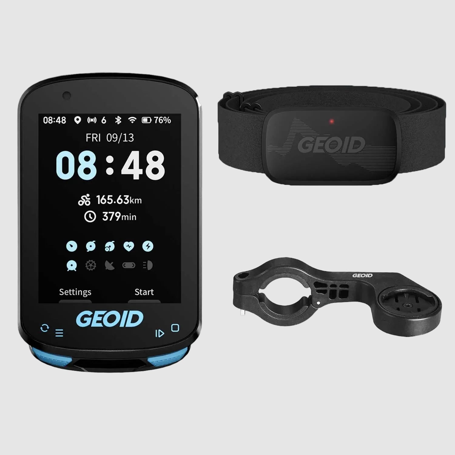 GEOID fitness tracker with heart rate monitor and out-front mount on a white background