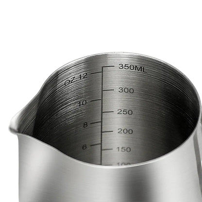Stainless steel measuring cup with volume markings on a white background