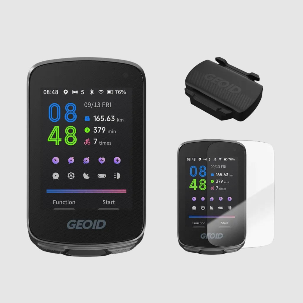 GEOID CC700 Computer and CS600 Speed/Cadence Sensor with protective film on a white background