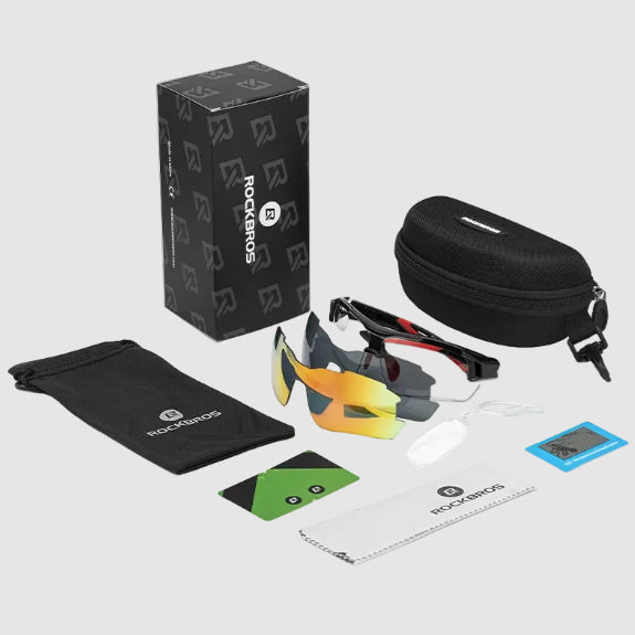 Packaging display of RockEros sunglasses with accessories on a white background