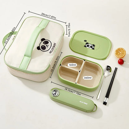 Green and beige bento box set with panda design, including compartments and utensils, on a white background.