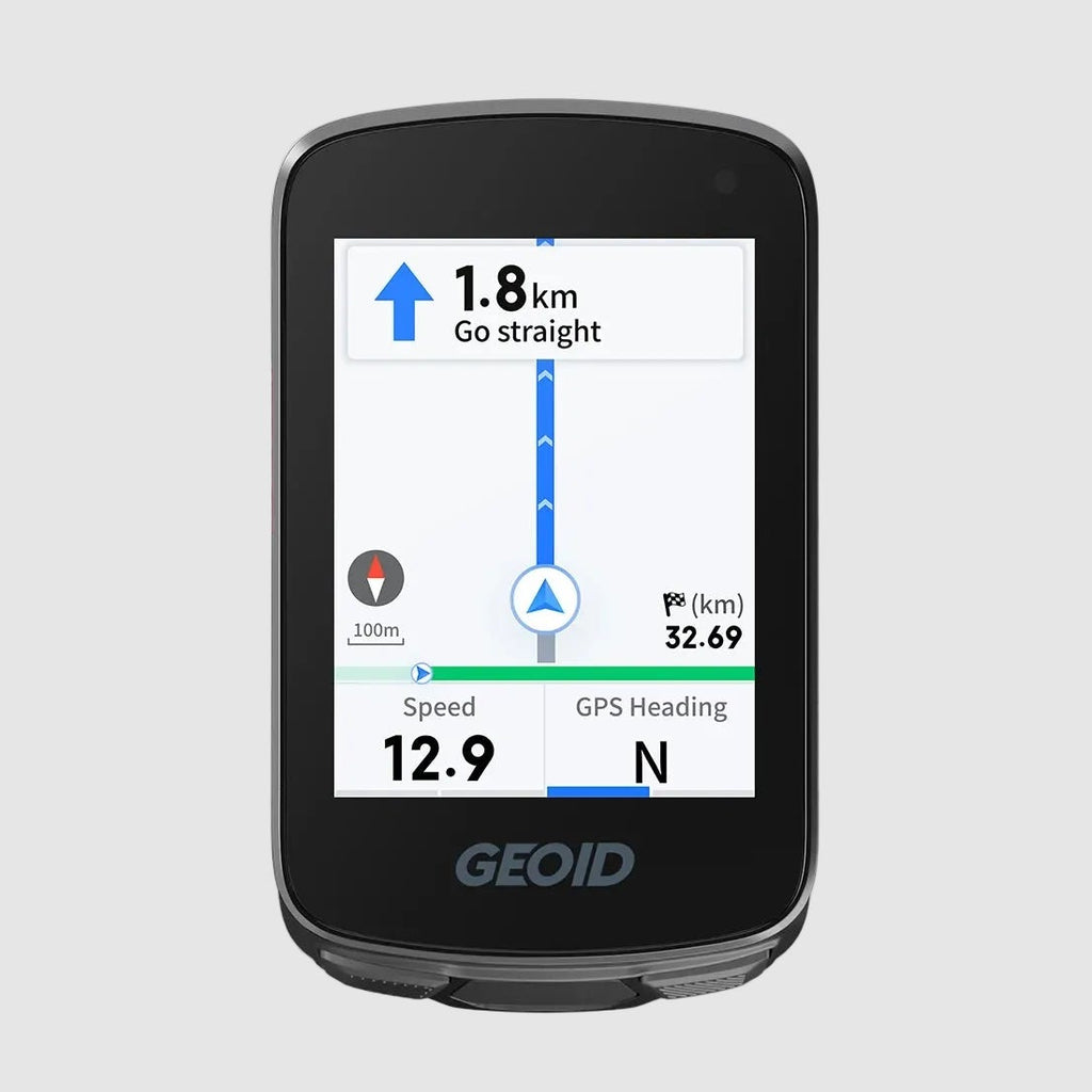 Geovid GPS device with navigation display on a light gray background