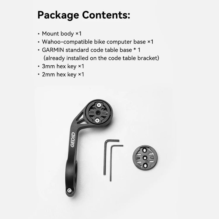 Package contents list with bike computer mount and accessories on a white background