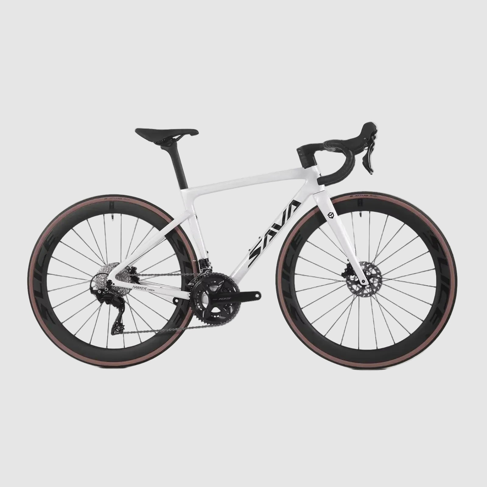 White bicycle with black components on a light gray background