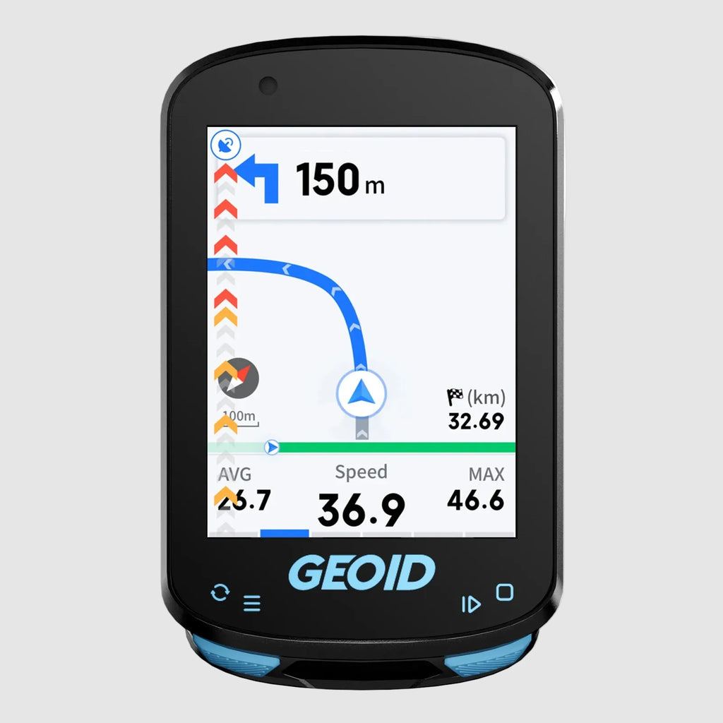 Geoid GPS device with a display showing navigation and speed information on a white background