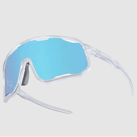 Sunglasses with blue lenses and clear frame on a light gray background