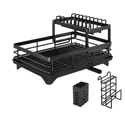 Double-Tier Extendable Dish Drainer – Large Capacity Utensil Rack & Draining Board for Kitchen Countertops