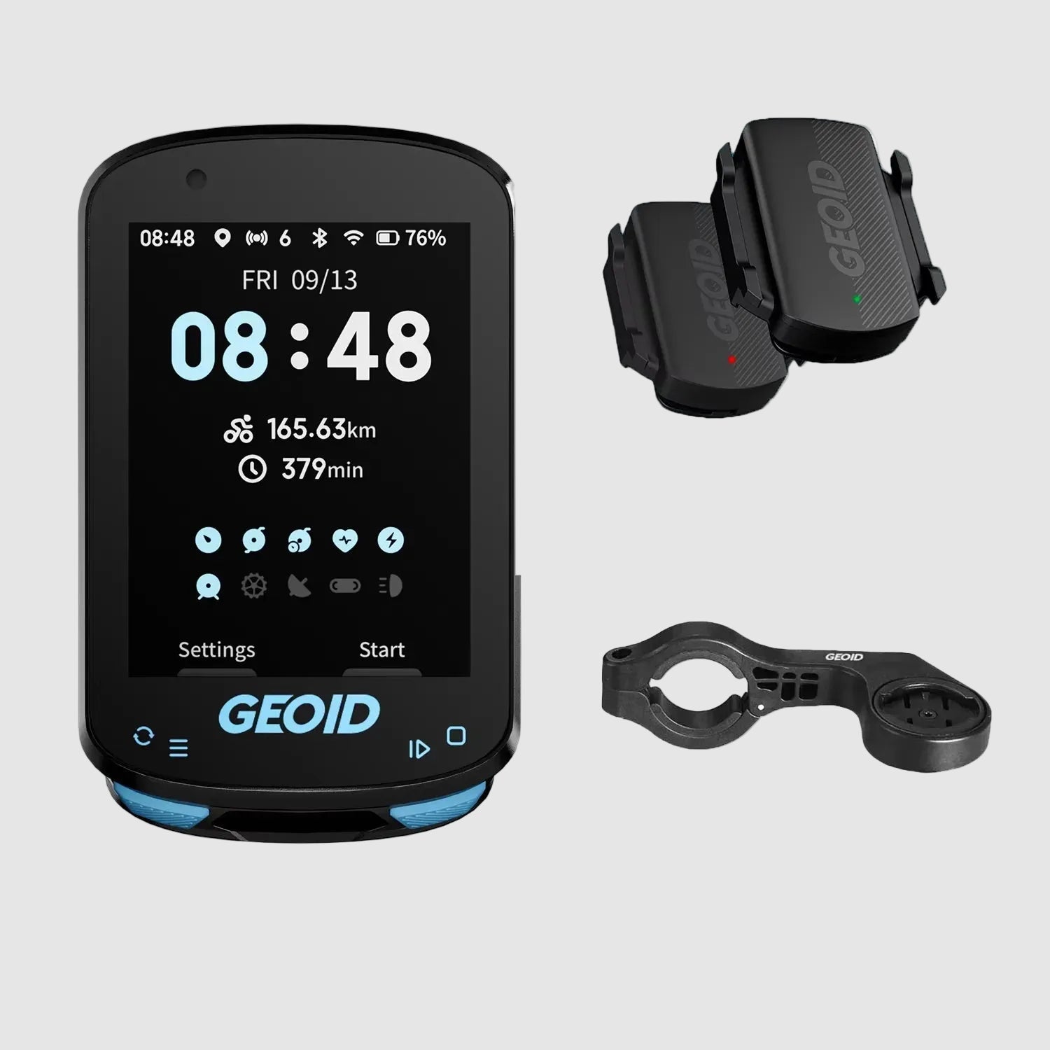 GEOID cycling computer with speed/cadence sensor and out-front mount on a white background