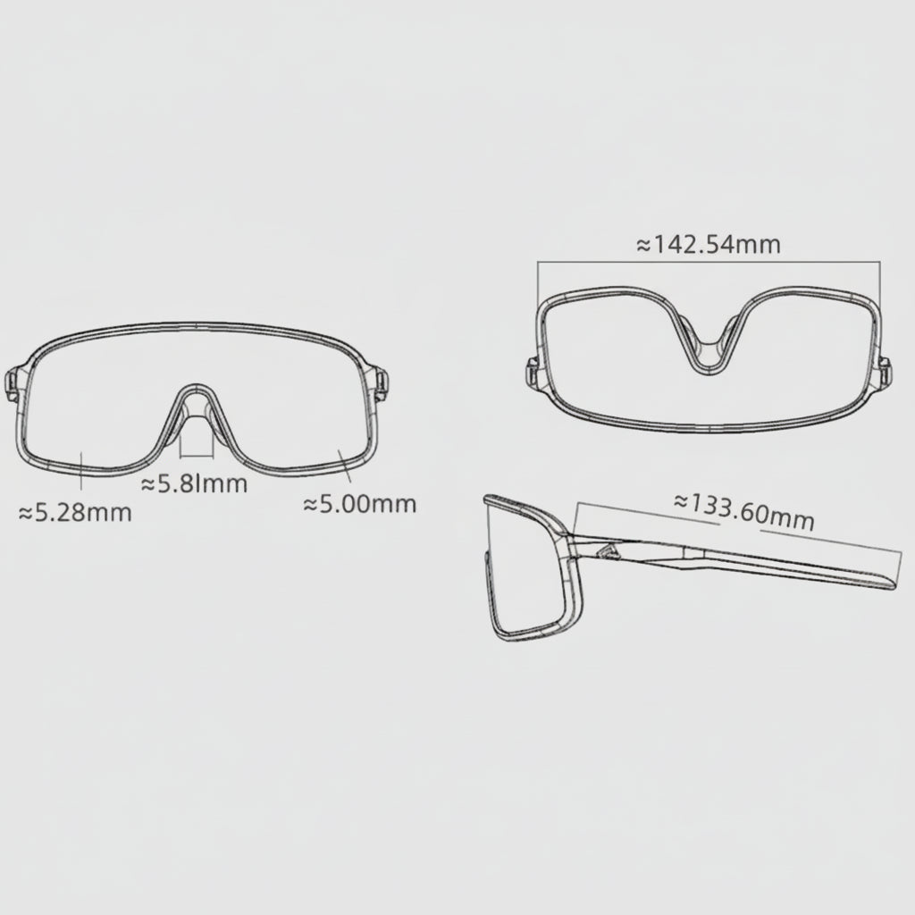 Technical drawing of safety goggles with dimensions on a light gray background