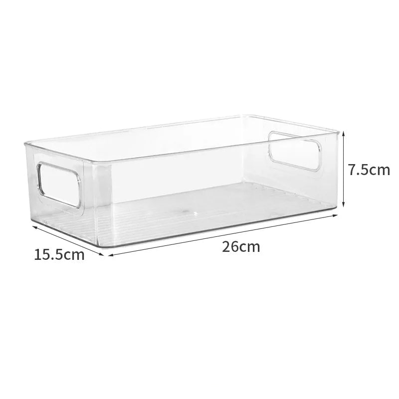 Clear storage bin with dimensions labeled on a white background