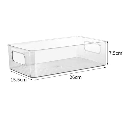 Clear storage bin with dimensions labeled on a white background