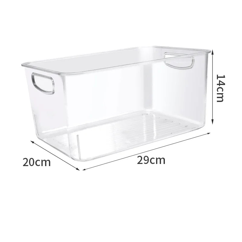 Clear storage bin with dimensions labeled on a white background