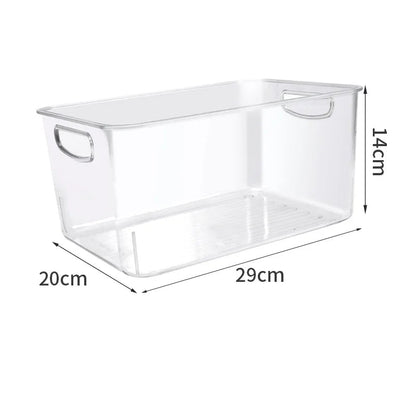 Clear storage bin with dimensions labeled on a white background