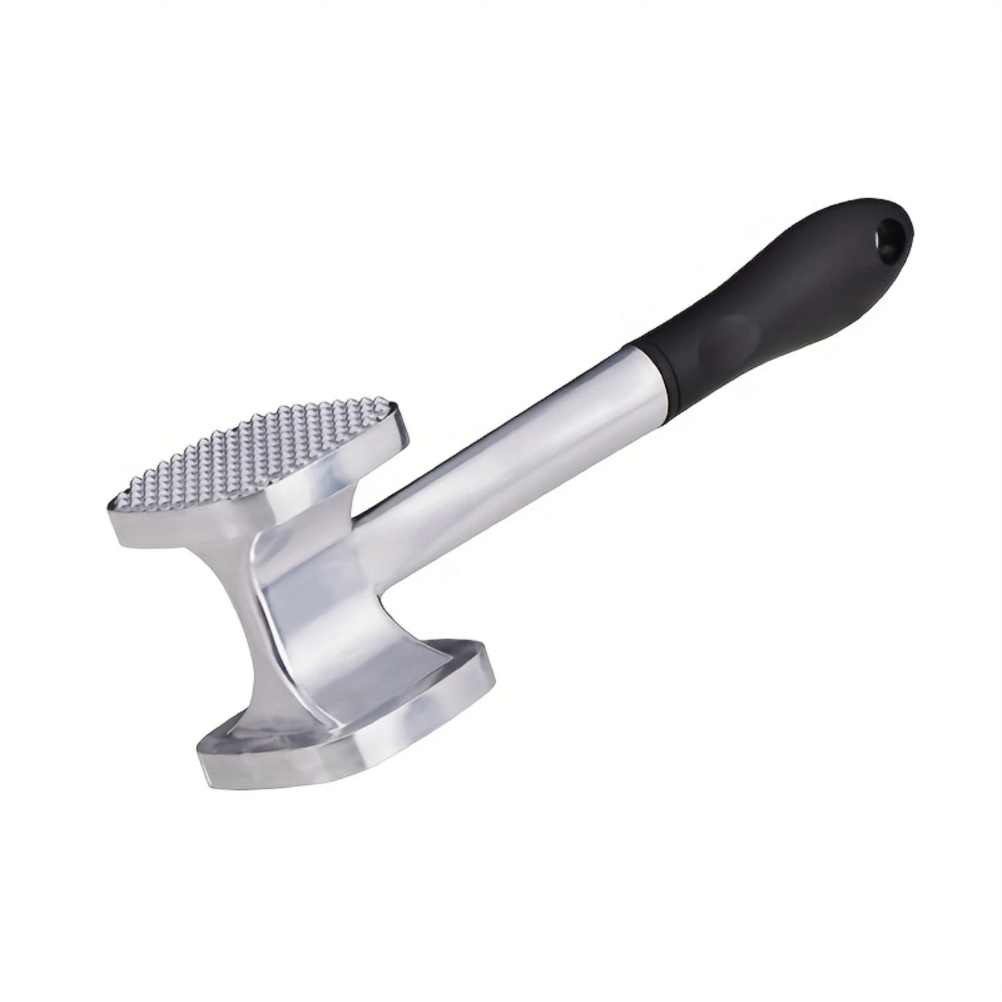 Metal mallet with a black handle on a white background