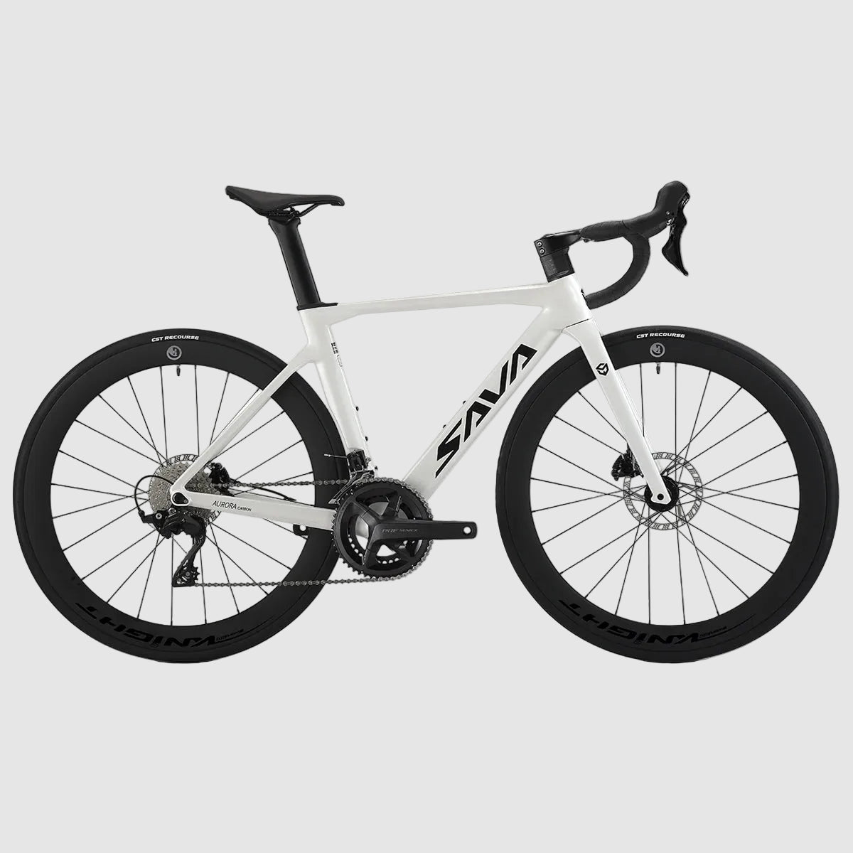 White bicycle with black components on a white background