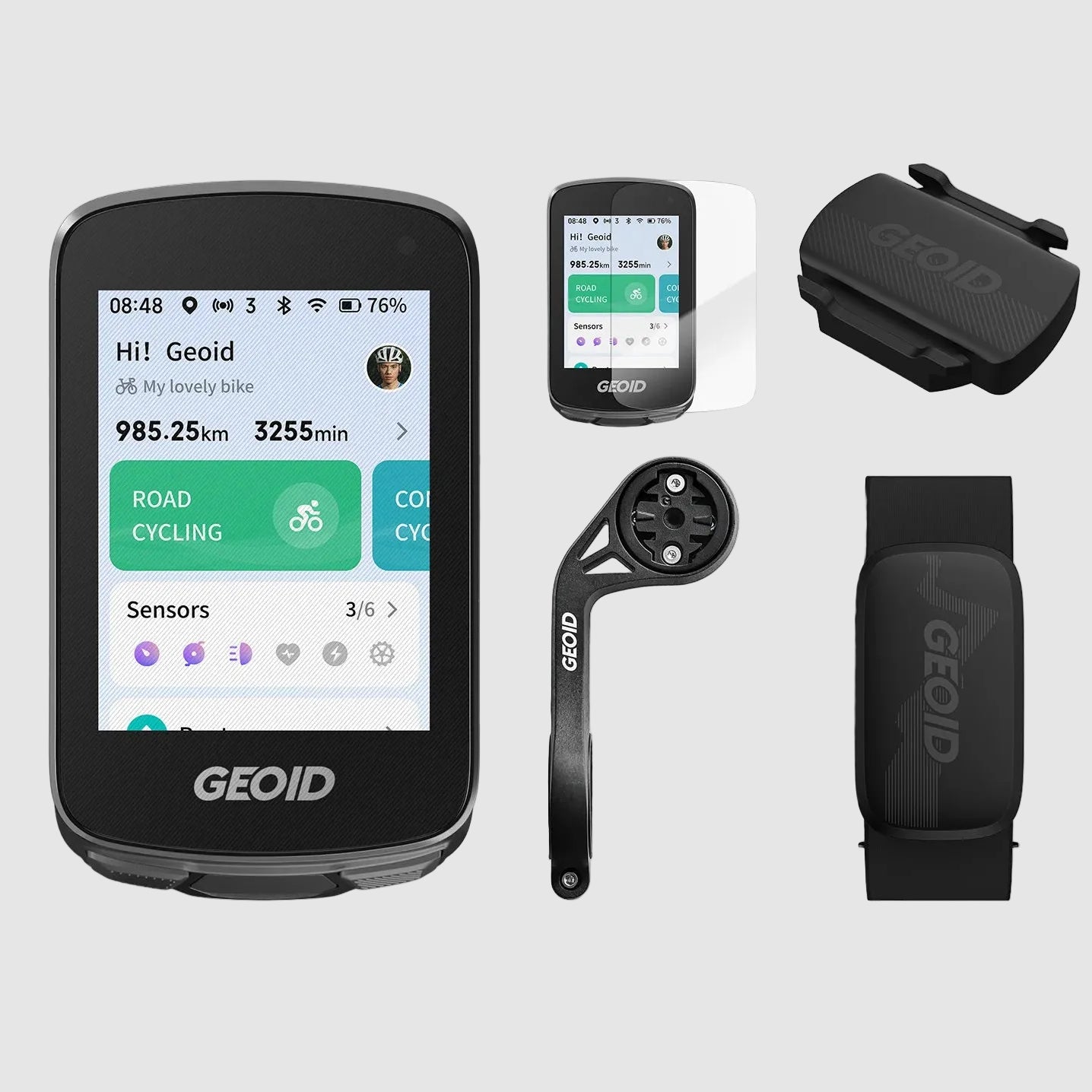 GEOID cycling computer and sensors on a white background