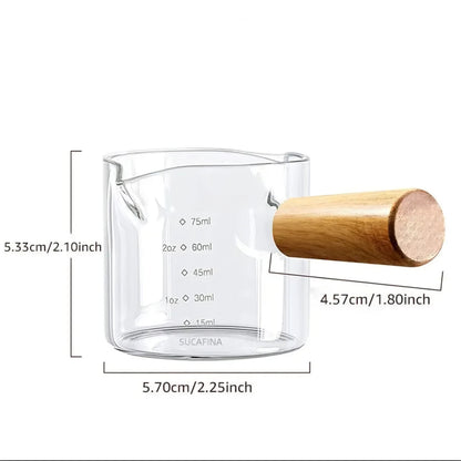 Glass Measuring Cup with Wood Handle – Double-Spout Heat-Resistant Espresso & Milk Measuring Mug